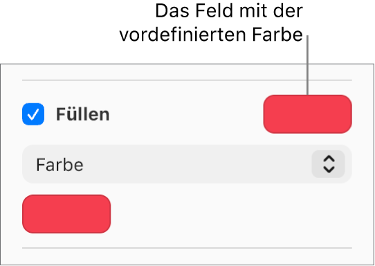 Das Markierungsfeld „Füllen“ in der Seitenleiste ist aktiviert und das Feld mit der vordefinierten Farbe rechts neben dem Markierungsfeld ist mit Lila gefüllt. Unter dem Markierungsfeld ist „Farbe“ im Einblendmenü ausgewählt.