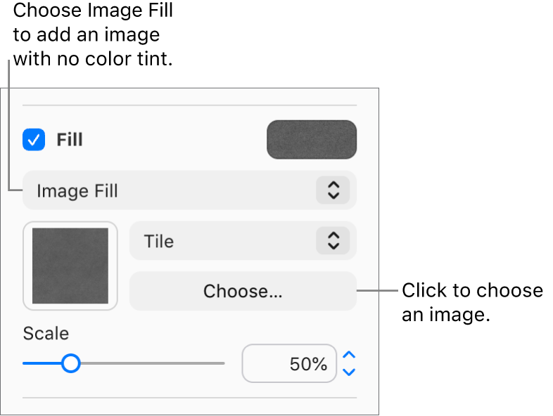 The Fill checkbox is selected in the sidebar, and Image Fill is chosen in the pop-up menu below the checkbox. Controls for choosing the image, how it fills the object, and the image’s scale, appear below the pop-up menu. A preview of the image fill appears in the square (after an image is chosen).