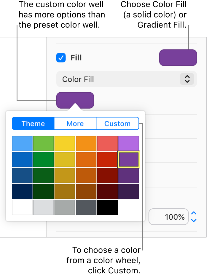 Color Fill is selected in the pop-up menu below the Fill checkbox, and the color well below the pop-up menu shows additional color fill options.