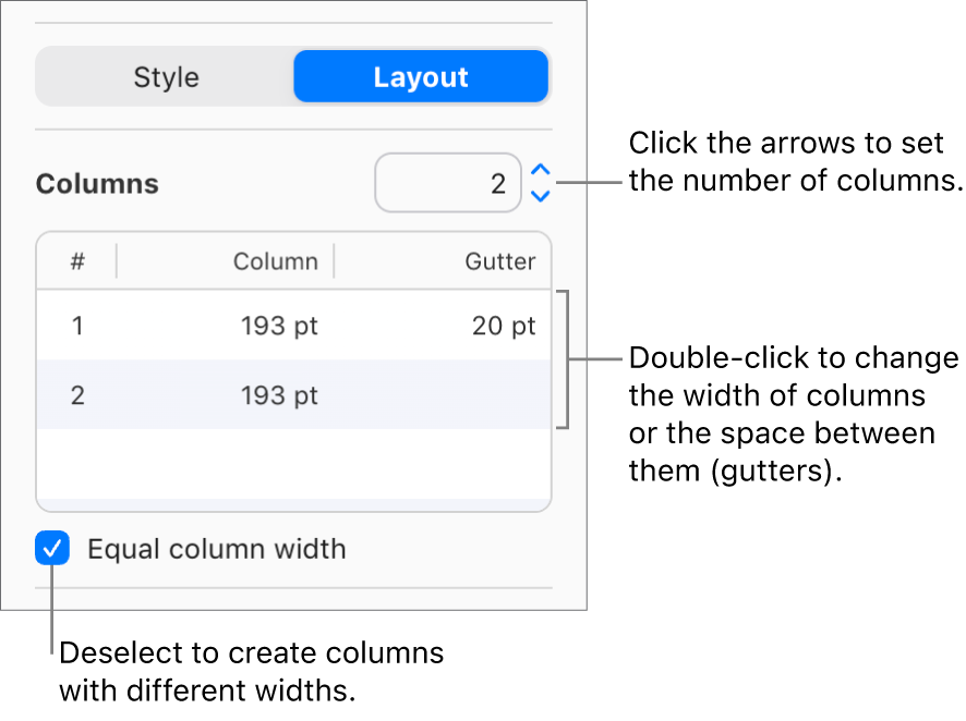The text column controls in the Layout portion of the Format sidebar.