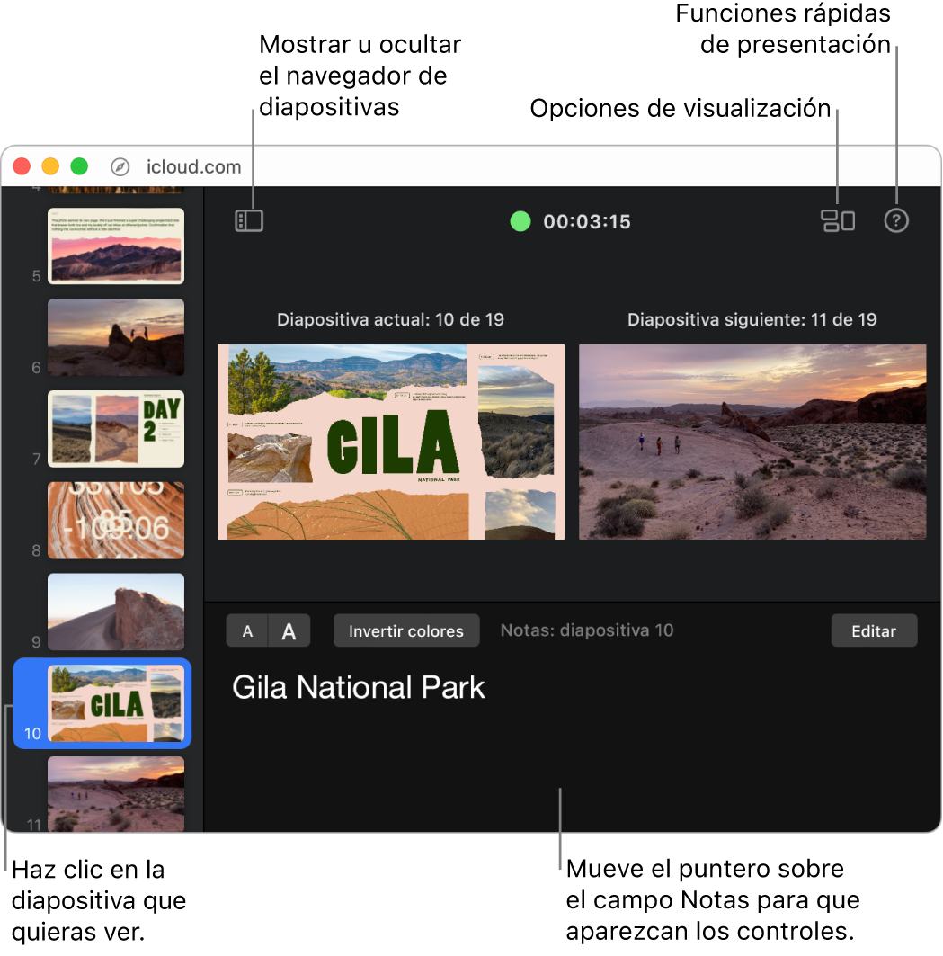 Está abierta la pantalla del presentador, con botones para abrir y cerrar el navegador de diapositivas, las opciones de visualización y los atajos de presentación en la parte superior de la ventana. La diapositiva actual y la siguiente aparecen en el centro; debajo de las diapositivas, el campo de notas del presentador muestra las notas de la diapositiva actual. El navegador de diapositivas se encuentra a lo largo del lado izquierdo de la ventana.
