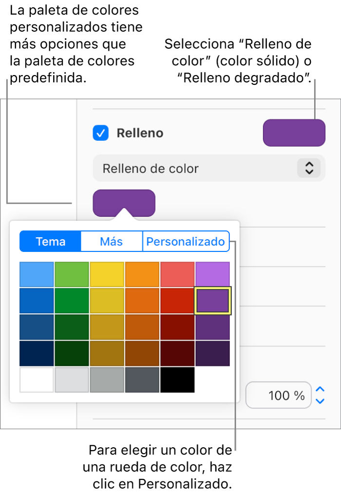 “Relleno de color” está seleccionado en el menú emergente debajo de la casilla Relleno y la paleta de colores que hay debajo muestra opciones de relleno de color adicionales.