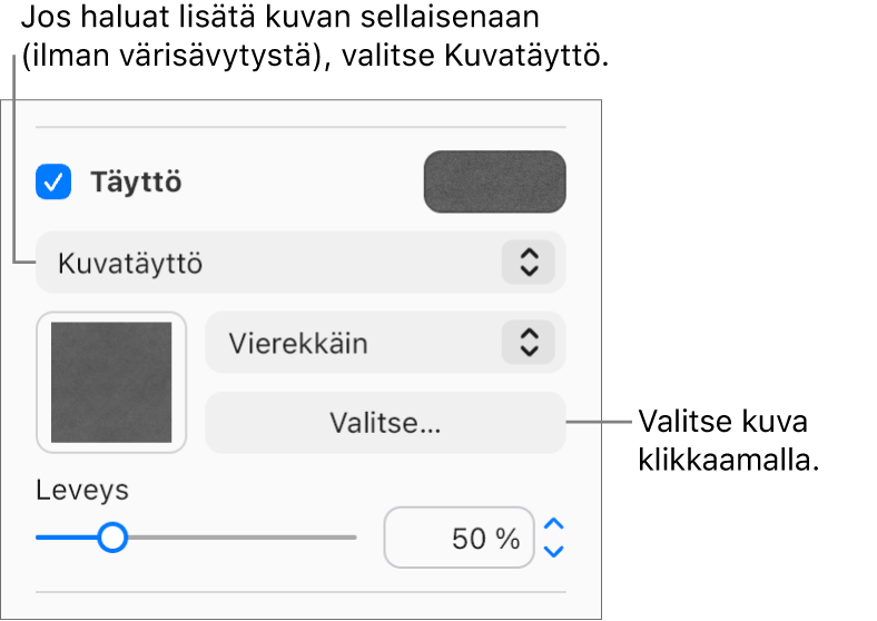 Sivupalkissa on valittuna Täyttö-valintaneliö, jonka alla olevassa ponnahdusvalikossa on valittuna Kuvatäyttö. Toiminnot kuvan valitsemista, sen objektin täyttötavan valintaa ja kuvan skaalaamista varten ovat ponnahdusvalikon alla. Väritäytön esikatselu näkyy neliössä (kun kuva on valittu).