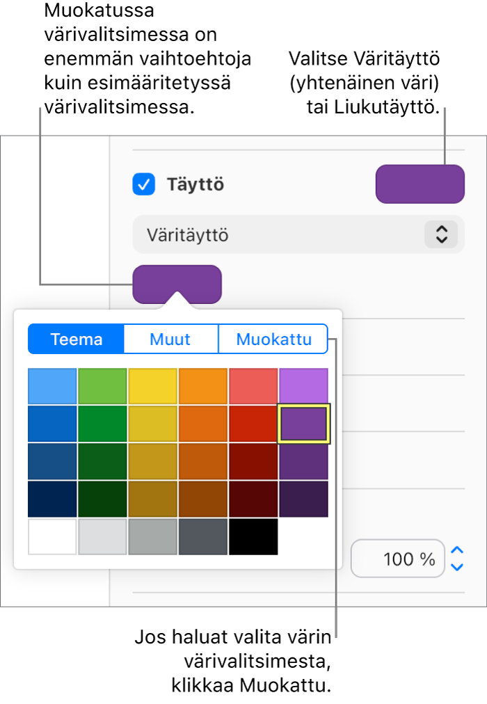 Väritäyttö on valittu Täyttö-valintaneliön alla olevassa ponnahdusvalikossa ja ponnahdusvalikon alla oleva värivalitsin näyttää lisää väritäyttövaihtoehtoja.