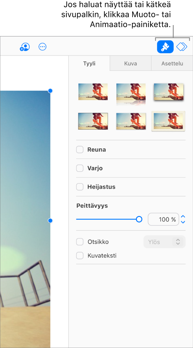 Työkalupalkin Muoto-painike on valittuna. Dian oikealla puolella olevassa sivupalkissa näkyvät tyylin ja varjon toiminnot ja muut muotoilutoiminnot.