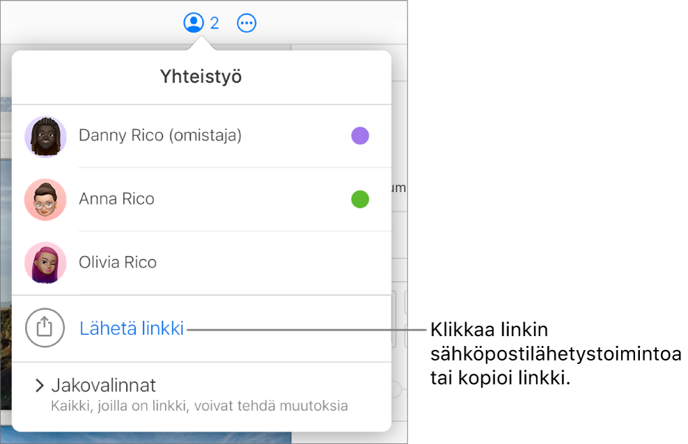 Yhteistyövalikko avoinna, osallistujaluettelon alla on Lähetä linkki -valinta.