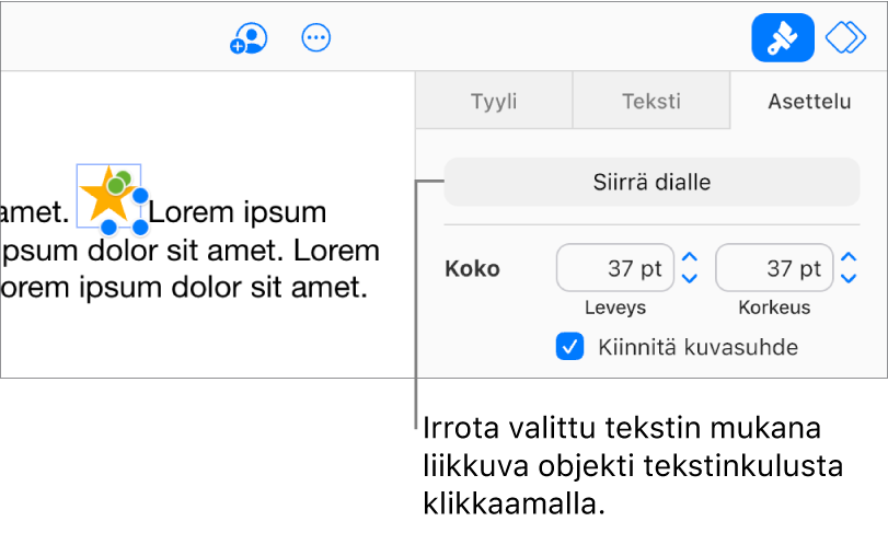 Tekstilaatikossa oleva tekstiin sidottu kuva on valittuna. Siirrä diaan -painike on näkyvissä sivupalkin Asettelu-välilehdessä.
