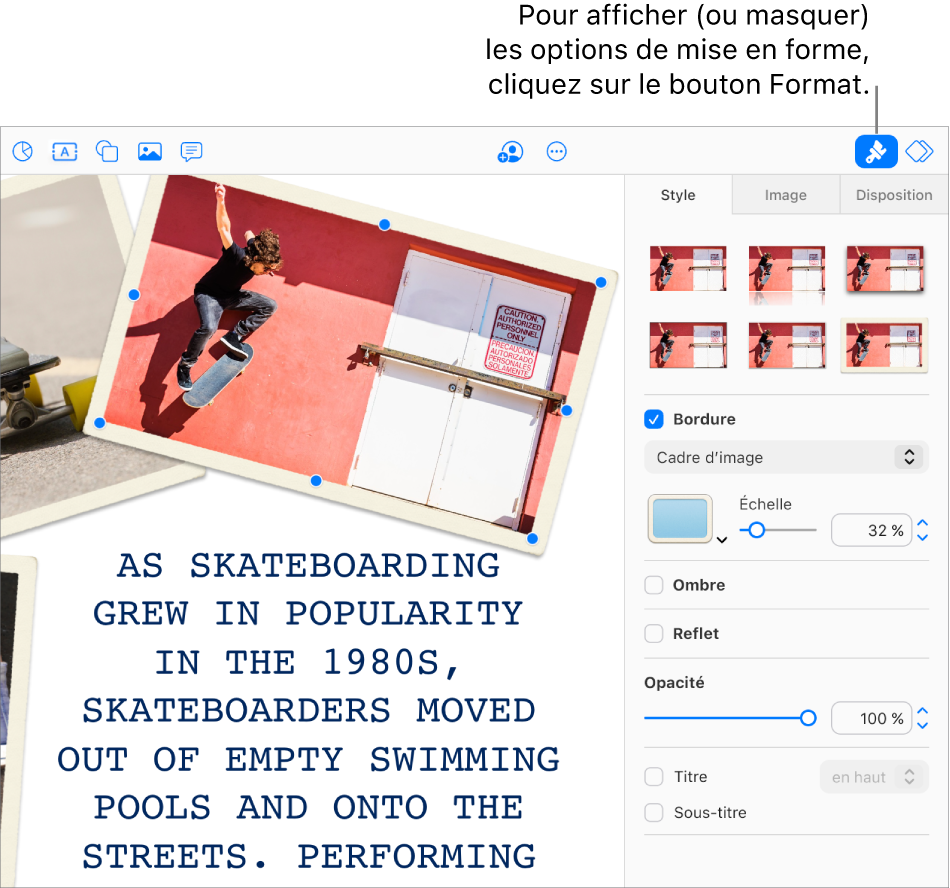 Une image de la présentation est sélectionnée et les commandes disponibles pour modifier son aspect (par exemple la bordure et les ombres) s’affichent dans la barre latérale à droite.