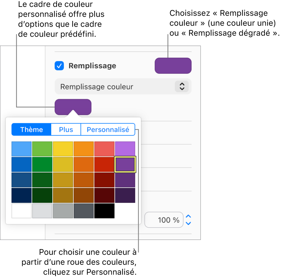 Remplissage couleur est sélectionné dans le menu Remplissage et le cadre de couleur affiché en dessous propose des couleurs de remplissage supplémentaires.