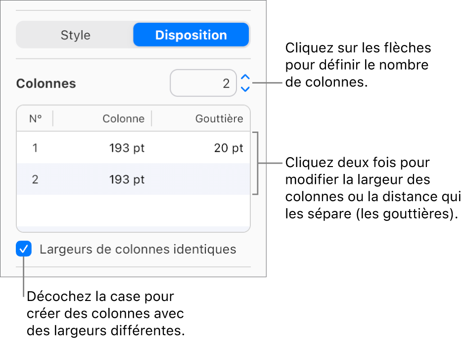 Commandes des colonnes de texte dans la section Disposition de la barre latérale Format.