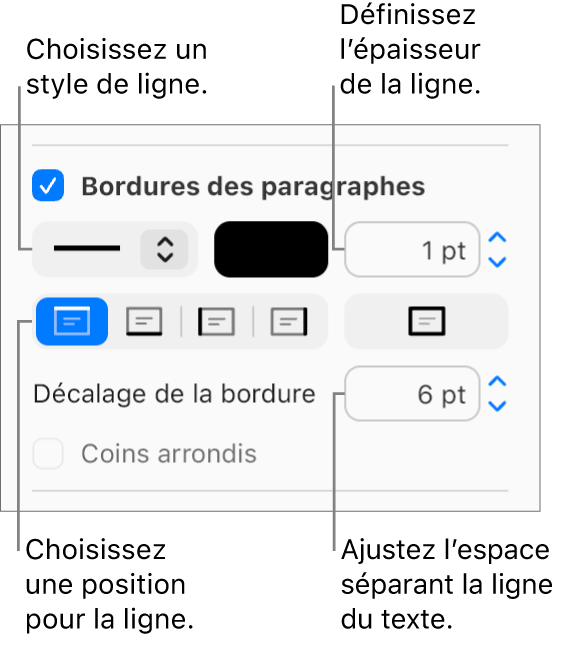 La case « Bordures des paragraphes » est cochée dans l’onglet Disposition de la barre latérale Format, et les commandes permettant de modifier le style de ligne, la couleur, l’épaisseur, la position et le décalage par rapport au texte apparaissent sous la case à cocher.