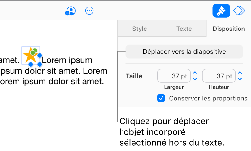 Une image incorporée à une zone de texte est sélectionnée et le bouton Déplacer vers la diapositive est proposé dans l’onglet Disposition de la barre latérale.