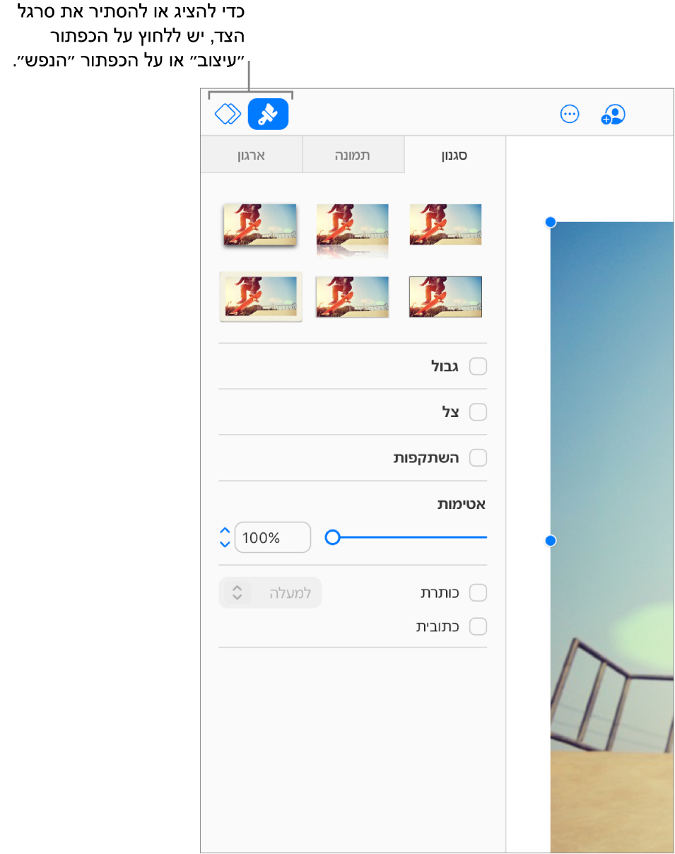 הכפתור ״עיצוב״ נבחר בסרגל הכלים, ובסרגל הצד שמשמאל לשקף מוצגים פקדים לשינוי הסגנון, הצל ומאפייני עיצוב אחרים.
