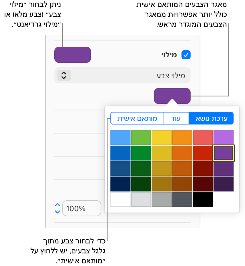האפשרות ״מילוי צבע״ נבחרת בתפריט הקופץ מתחת לתיבת הסימון ״מילוי״ ומאגר הצבעים מתחת לתפריט הקופץ מציג את האפשרויות הנוספות למילוי צבעים.