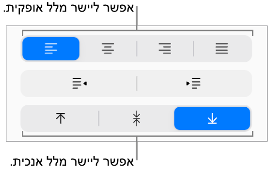 לחצני היישור האנכי והאופקי של מלל בסרגל הצד ״עיצוב״.