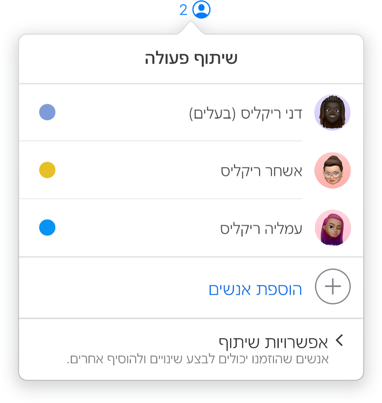 תפריט ״שיתוף פעולה״ מראה את שמות האנשים המשתפים פעולה בעבודה על המצגת. אפשרויות השיתוף מופיעות מתחת לשמות.