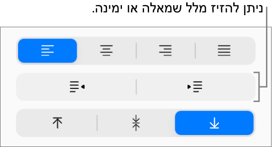 כפתורי ההזחה החוצה וההזחה פנימה בסרגל הצד ״עיצוב״.