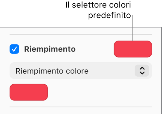 Il riquadro Riempimento viene selezionato e l’area dei colori predefinita a destra della casella ha un riempimento di colore viola. Sotto il riquadro, viene selezionato Riempimento colore in un menu a comparsa.