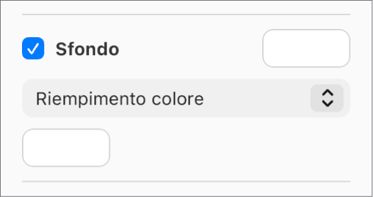 La casella Sfondo é selezionata e l’area dei colori predefinita a destra della casella ha un riempimento di colore bianco. Sotto il riquadro, nel menu a comparsa è selezionato “Riempimento colore”e, sotto di esso, l’area dei colori personalizzata ha un riempimento di colore bianco.