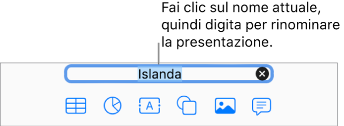 Il nome della presentazione selezionato nella parte superiore di una presentazione aperta.