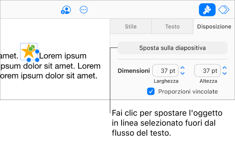 Viene selezionata un’immagine in linea all’interno di una casella di testo e il pulsante “Sposta nella diapositiva” è visibile nel pannello Disponi nella barra laterale.