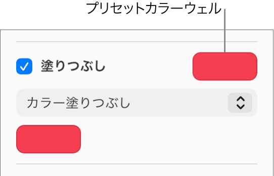 サイドバーで「塗りつぶし」チェックボックスがオンで、チェックボックスの右側のプリセットカラーウェルが紫で塗りつぶされている。チェックボックスの下のポップアップメニューで「カラー塗りつぶし」が選択されている。
