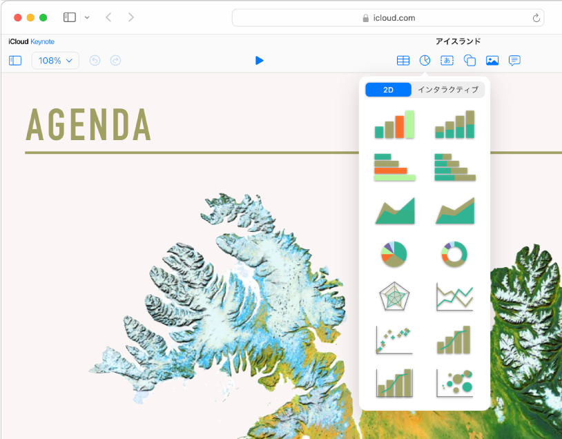表、グラフ、テキスト、図形、および画像オブジェクトの各ボタンがツールバーに表示されます。「グラフ」ポップアップメニューが開いて、一番上に「2D」ボタンと「インタラクティブ」ボタンが表示されます。2Dボタンが選択されており、さまざまな2Dグラフサムネイルが表示され、その中から選択することができます。