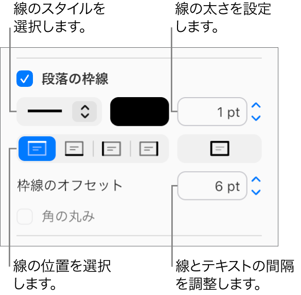 「フォーマット」サイドバーの「レイアウト」タブで「段落の枠線」チェックボックスが選択され、チェックボックスの下には線のスタイル、カラー、太さ、テキストからのオフセットを変更するためのコントロールが表示されています。