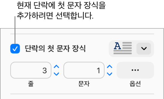 단락의 첫 문자 장식 체크박스가 선택되어 있고 팝업 메뉴가 그 오른쪽에 나타나며, 줄 높이, 문자 수 및 기타 옵션을 설정하는 제어기가 그 아래에 표시됩니다.