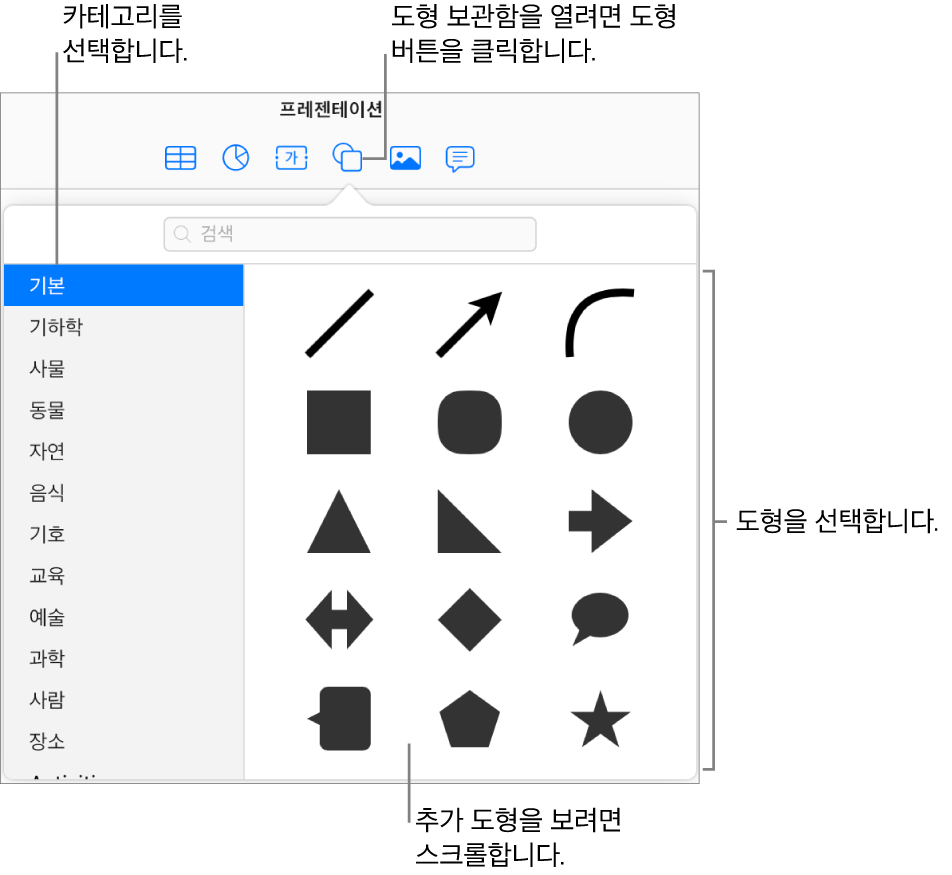 도형 보관함은 도구 막대의 도형 아래에 열립니다. 기본 카테고리가 왼쪽에 선택되고, (원, 정사각형 및 선을 포함한) 일반적인 도형이 오른쪽에 표시됩니다.