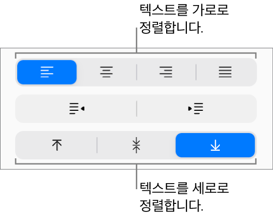포맷 사이드바에 있는 세로 및 가로 텍스트 정렬 버튼.