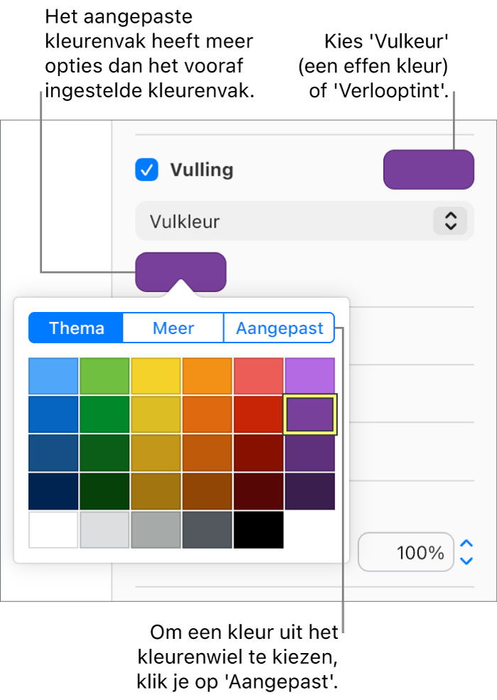 In het pop‑upmenu onder het aankruisvak 'Vulling' is 'Vulkleur' geselecteerd, waardoor het kleurenvak onder het pop‑upmenu meer vulkleuropties weergeeft.