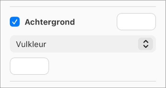 Het aankruisvak 'Achtergrond' is ingeschakeld in de navigatiekolom en het vooraf ingestelde kleurenvak rechts van het aankruisvak is gevuld met wit. Onder het aankruisvak is 'Vulkleur' gekozen in een pop‑upmenu en daaronder is het aangepaste kleurenvak gevuld met wit.