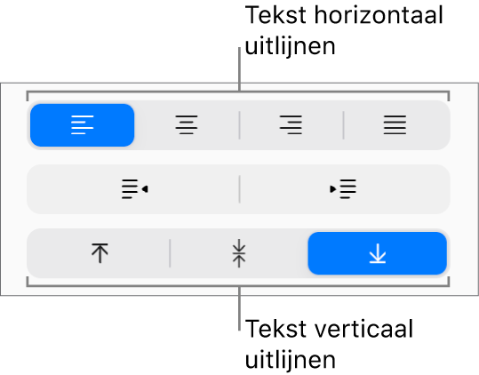 De knoppen voor het horizontaal of verticaal uitlijnen van tekst in de navigatiekolom 'Opmaak'.