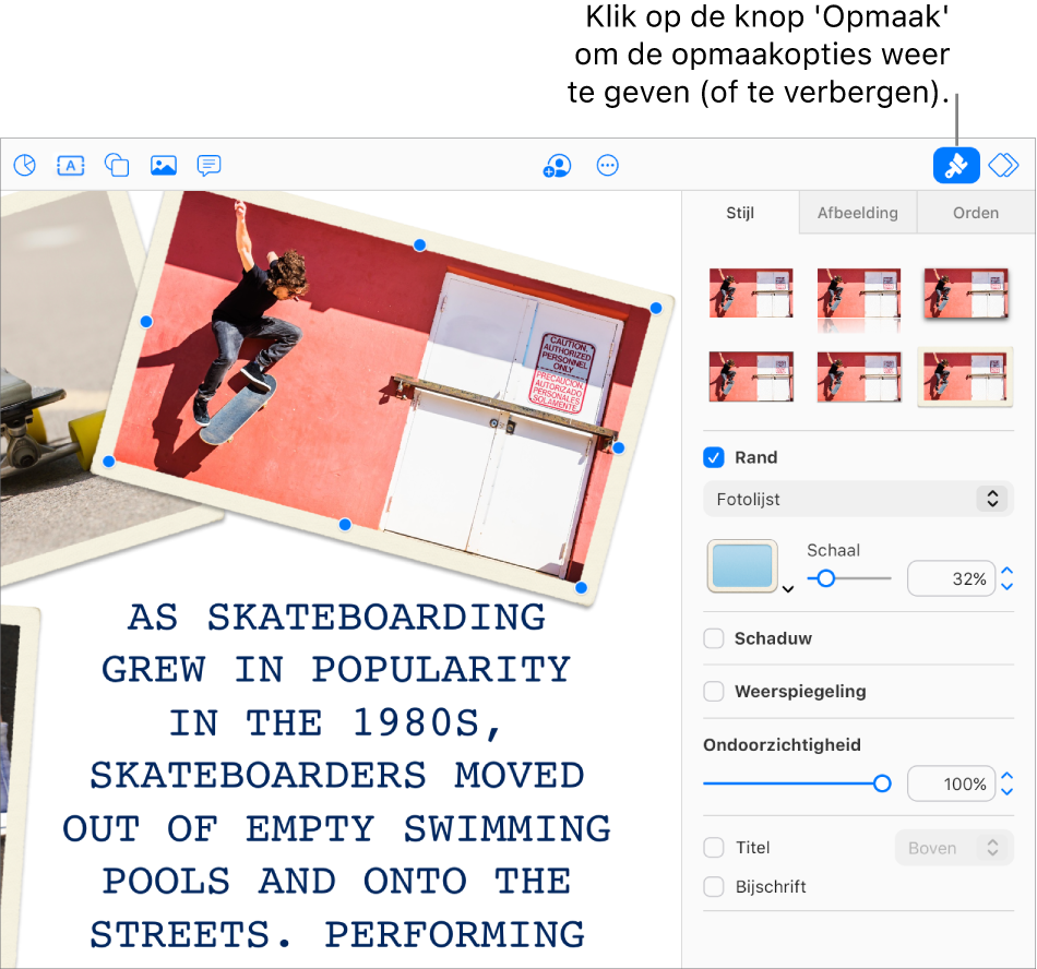 Een afbeelding in een presentatie is geselecteerd, en de regelaars om het uiterlijk te wijzigen (zoals aankruisvakken voor de rand en schaduw) worden weergegeven in de navigatiekolom aan de rechterkant.