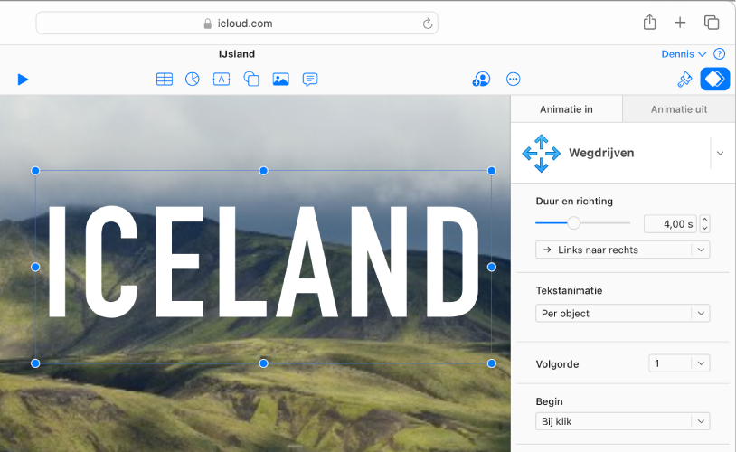 Een tekstvak is geselecteerd op een dia en de tab 'Animatie in' is geselecteerd bovenaan de navigatiekolom 'Animatie' aan de rechterkant. De animatie 'Wegdrijven' is geselecteerd in een pop‑upmenu en opties voor het aanpassen van de animatie worden daaronder in de navigatiekolom weergegeven.