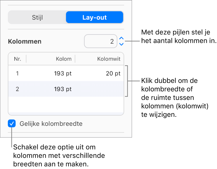 De tekstkolomregelaars in het gedeelte 'Lay-out' van de navigatiekolom 'Opmaak'.
