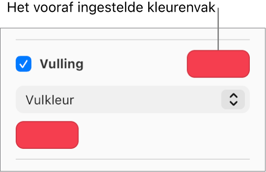 Het aankruisvak 'Vulling' is ingeschakeld in de navigatiekolom en het vooraf ingestelde kleurenvak rechts van het aankruisvak is gevuld met paars. Onder het aankruisvak is 'Vulkleur' geselecteerd in het pop‑upmenu.