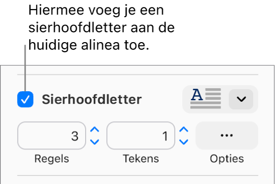 Het aankruisvak 'Sierhoofdletter' is ingeschakeld en rechts ervan staat een pop‑upmenu. Eronder staan regelaars voor het instellen van de regelhoogte, het aantal tekens en andere opties.