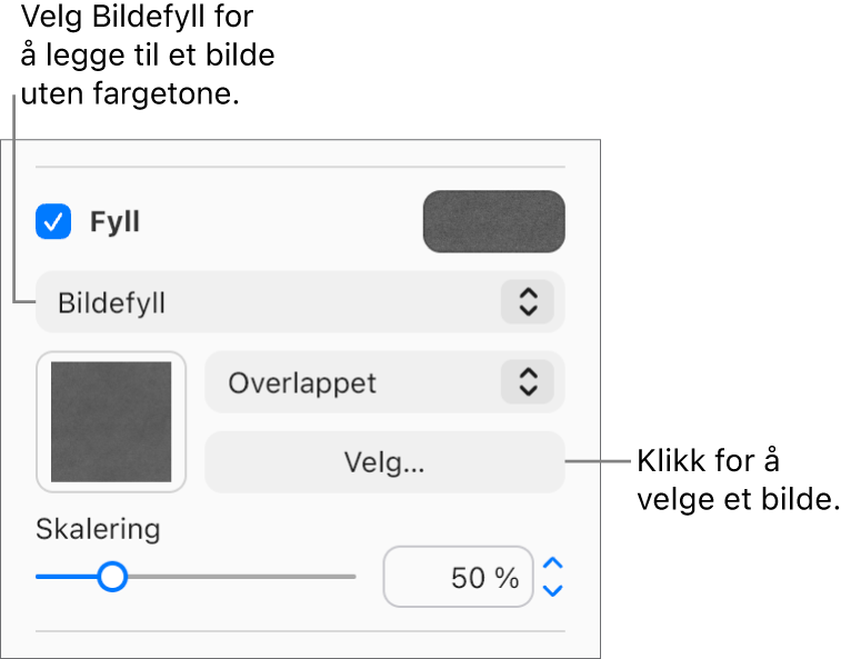 Det er krysset av i Fyll-ruten i sidepanelet, og Bildefyll er valgt på lokalmenyen under avkrysningsruten. Kontroller for valg av bilde, hvordan det fyller objektet, og bildeskaleringen vises under lokalmenyen. En forhåndsvisning av fargefyllet vises i firkanten (etter et bilde er valgt).