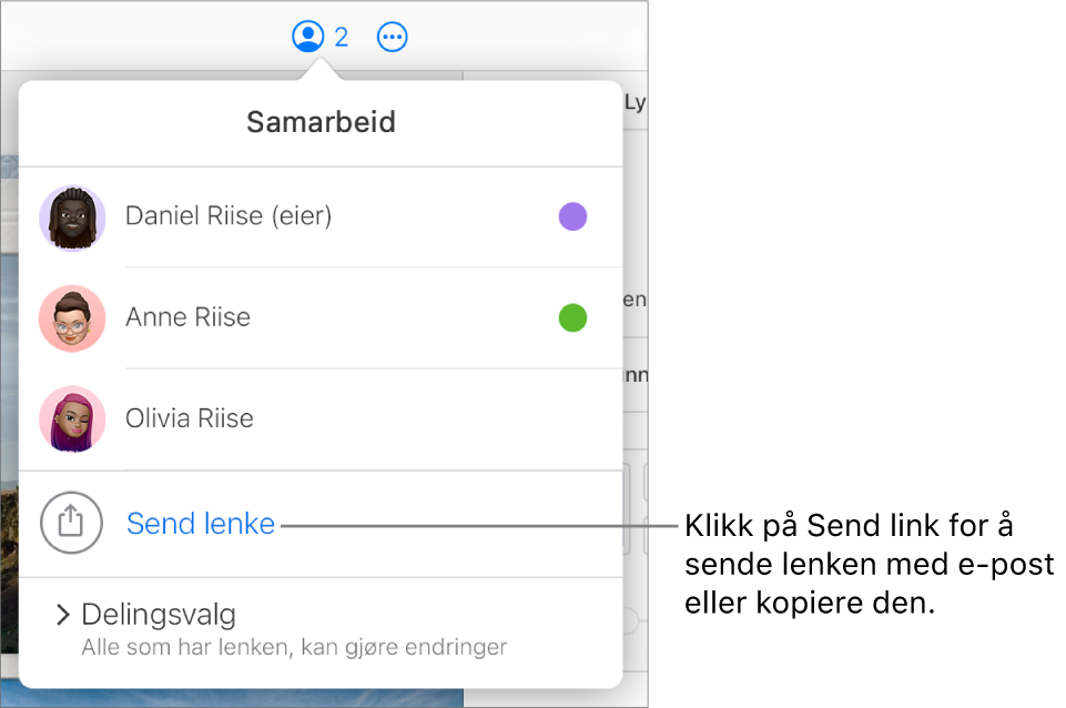 Samarbeid-menyen er åpen, og valget Send lenke vises under deltakerlisten.