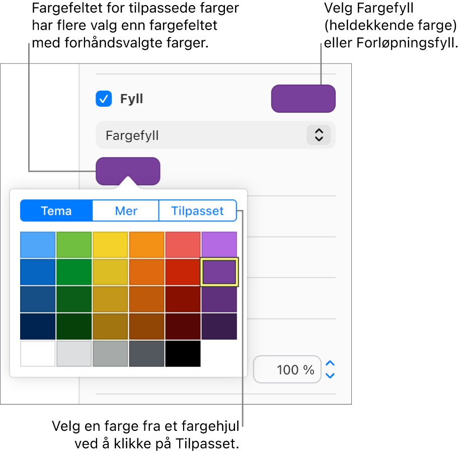 Fargefyll er valgt i lokalmenyen under Fyll-avkrysningsruten, og fargefeltet under lokalmenyen viser flere valg for fargefyll.