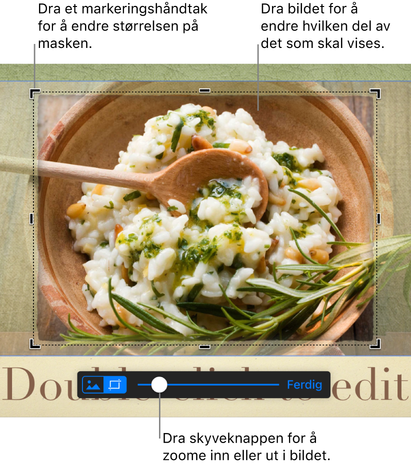 Et markert bilde med maskeringskontroller synlige nederst. Bildeforklaringer angir markeringshåndtak i hjørnet, bildets ytterkant og skyveknappen på maskeringskontrollen.