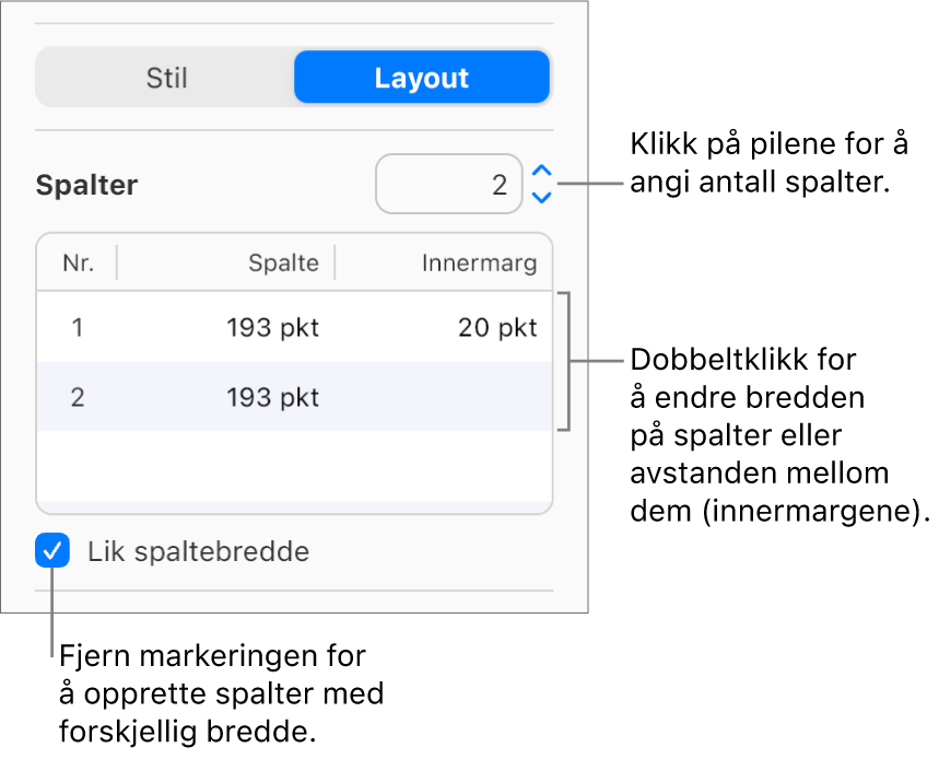 Kontrollene for tekstkolonner i Layout-delen i Format-sidepanelet.