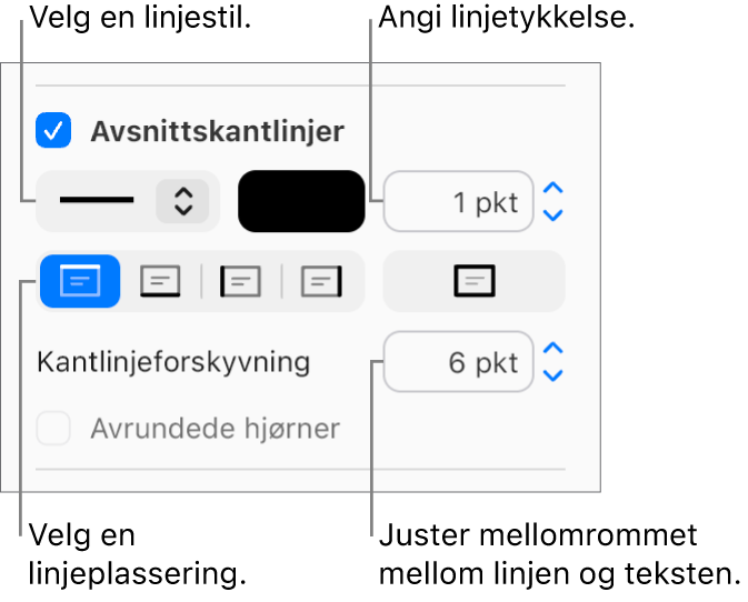 Det er krysset av i Avsnittskantlinjer-ruten i Layout-fanen i Format-sidepanelet. Kontroller for å endre stil, farge, bredde, plassering og forskyvning for linjen vises under avkrysningsruten.