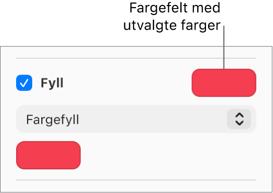 Det er krysset av i Fyll-ruten i sidepanelet, og det forhåndsinnstilte fargefeltet til høyre for avkrysningsruten er fylt med lilla. Fargefyll er markert i en lokalmeny under avkrysningsruten.