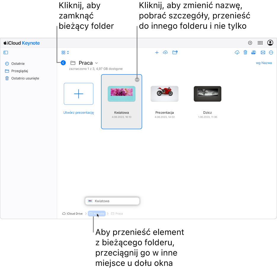 Menedżer dokumentów w widoku przeglądania, z prezentacją przeciąganą do nowej lokalizacji (folderu Keynote) na dole okna. Poniżej paska narzędzi, po lewej stronie od nazwy bieżącego folderu (Work), widoczny jest przycisk Wstecz.