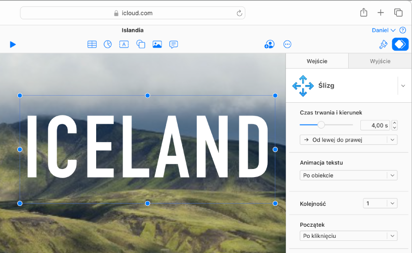 Na slajdzie zaznaczone jest pole tekstowe, a&nbsp;u&nbsp;góry paska bocznego Animacja (po prawej stronie) wybrana jest karta Wejście. W&nbsp;menu podręcznym wybrana jest animacja Ślizg, a&nbsp;poniżej na pasku bocznym wyświetlane są opcje umożliwiające dostosowanie animacji.