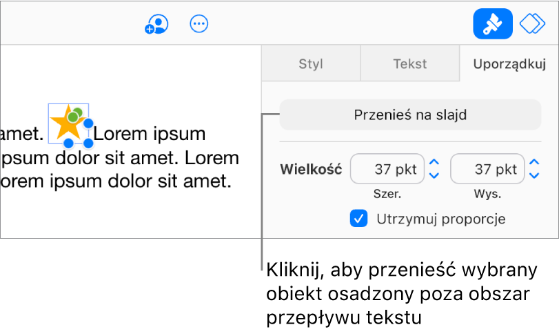 Zaznaczony jest obraz osadzony w polu tekstowym, a przycisk Przenieś na slajd jest widoczny na karcie Uporządkuj na pasku bocznym.