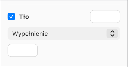 Pole wyboru Tło jest zaznaczone na pasku bocznym, a wstępnie ustawione pole koloru z prawej strony pola wyboru jest wypełnione kolorem białym. W menu podręcznym pod polem wyboru wybrana jest opcja Wypełnienie kolorem, a pod nim własne pole koloru jest wypełnione kolorem białym.